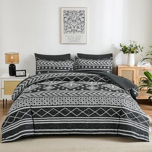 Yiran Queen Comforter Set, 7 Pieces Black Reversible Bedding Set, Boho Aztec Bed in A Bag, Lightweight Soft Bed Comforter Set with Sheets, Pillowcases & Shams - Thumbnail 2