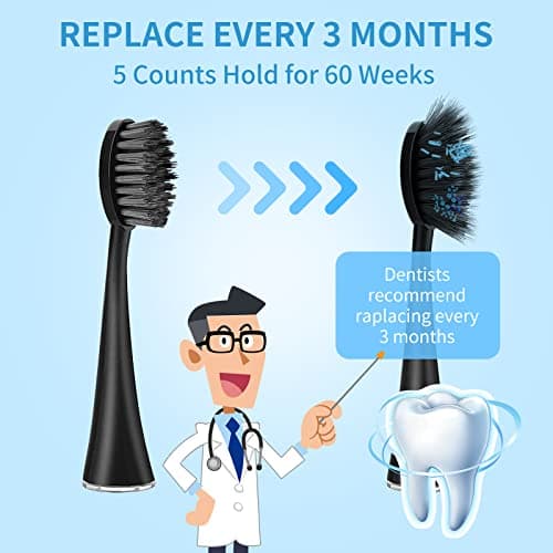 Replacement Toothbrush Heads for Burst Sonic Toothbrush with Dust Cover Caps, Soft Charcoal Bristles for Deep Clean, Black, Pack of 5 - Thumbnail 6