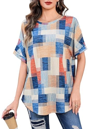 Totatuit Women's Casual Summer Tunic Tops Short Sleeve Crewneck Oversized T Shirts Graphic Print Loose Fit Blouses Covering Butt for Leggings Grid Geometric Pattern Elbow Length Sleeve - Image 1