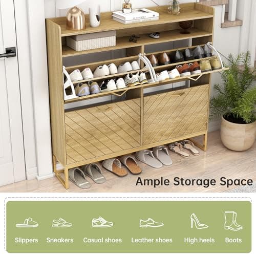 Hadulcet Hidden Shoe Cabinet with 4 Flip Drawers, Long Wood Shoe Storage Cabinet for Entryway Closet, Narrow Freestanding Shoe Rack Organizer w/Adjustable Shelves, Metal Legs, Cupboard, Natural Wood - Thumbnail 3