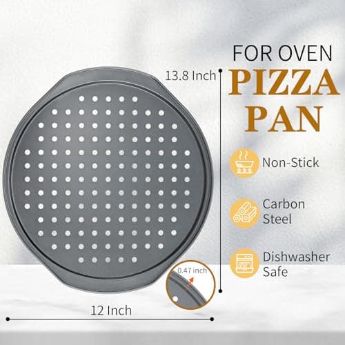 Bestdin 5Pcs Pizza Pan Set - 12 inch Pizza Pan with Holes, Non-stick, Pizza Oven Accessories with 2 Carbon Steel Round Pans, Pizza Cutter and 2 Gloves, Dishwasher Safe - Thumbnail 2