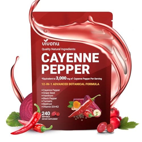 Cayenne Pepper Softgels Supplement, Supports Leg Vein, Heart and Blood Vessel Health, with Vitamin E D3+K2 and Extracts of Grape Seed, Hawthorn, Beetroot, Berberine and Others (Softgels / 1 Bag) - Image 1