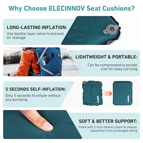 Inflatable Seat Cushion, Self Inflating Memory Foam Stadium Seat Cushion Lightweight Camping Chair Pad Airplane Cushion for Long Flights Outdoor Travel Bleacher Office Car Backpacking (Blue) - Thumbnail 3