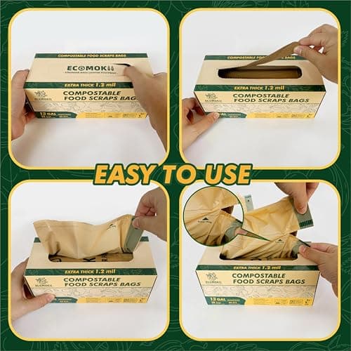 EcoMokii 13 Gallon Compostable Trash Bags with Drawstring, 30 Count, 49.2 Liter, 1.2 Mil Heavy Duty Extra Thick Large Kitchen Garbage Bin Liners, Compost Food Scraps Bag, BPI (ASTM D6400) - Thumbnail 6