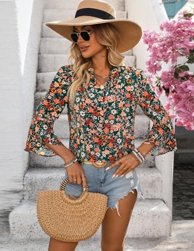 LOOKBOHO Boho Tops for Women 3/4 Sleeve Floral Blouses Ruffle Sleeve Button V-Neck Casual Business Shirts Orange XXL - Thumbnail 5