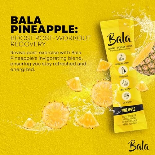 Bala Enzyme Hydration & Sugar-Free Drink Mix Packets - Turmeric, Bromelain, Papain, Immunity, Mobility - Pineapple, Zero Sugar Electrolytes Powder Packets, 0.25oz (10 Count) - Thumbnail 2
