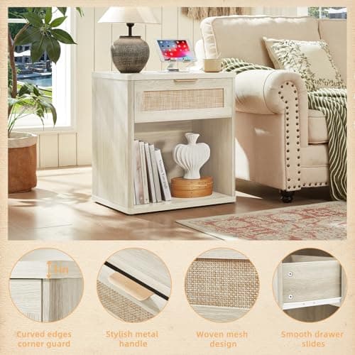 LEYAOYAO Rattan Nightstand with Charging Station, Grey White Night Stand with Drawer, 23" Wide Boho Bedside Table with Storage Shelf, Bed Side End Tables for Bedroom, Living Room, Hallway - Thumbnail 5