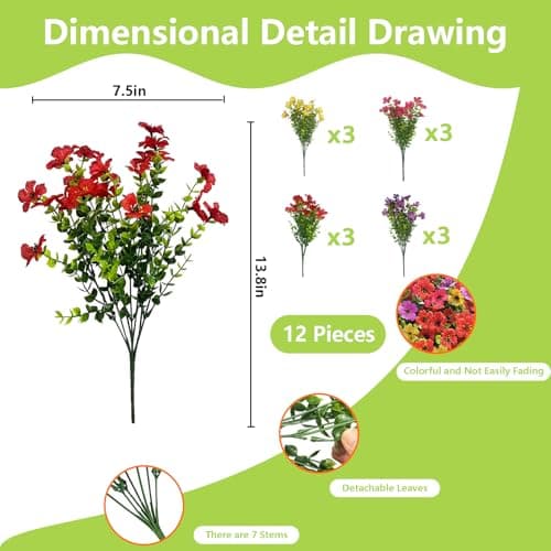 FUTBER 12 Bundles Artificial Flowers for Spring Summer Outdoor Decoration Faux Greenery uv Resistant Artificial Outside Flowers Fake Flowers for Porch Garden Home Patio Cemetery Decor (Mixed Color) - Thumbnail 2