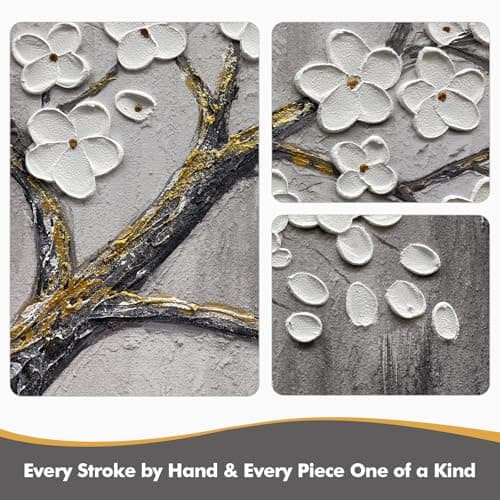 JUHOME Hand-Painted Black and White Thick Texture Flowers Abstract Oil Painting Wall Art,Floral Plum Blossom Tree with Raised Details,Modern Neutral Wall Decor for Home Bedroom,24x36 - Thumbnail 2