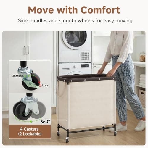 StorageWorks 3 Section Laundry Hamper, Rolling Laundry Cart with Wheels and Handles, Laundry Room Double Sorter for Organizer and Storage, 31.7 Gal(120L), Beige - Thumbnail 3