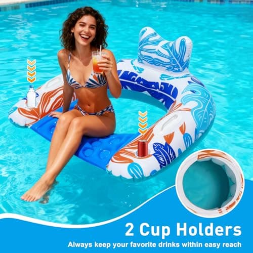 BSIEZC Pool Floats, Inflatable Pool Floats Adult & Kids 3 Packs, U-Shaped Water Floating Lounger with Headrest, Cup Holders, Handles, 3 Chambers, Portable Pool Float Chair for Summer Beach Pool Party - Thumbnail 3