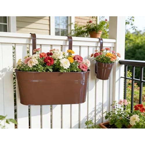 Joyfernal Set of 8 Outdoor Metal Railing Planters Box - 4 Pcs 5.12" Round Balcony Hanging Planter & 4 Pcs 17" Oval Fence Pot with Detachable Hooks Drainage, Chocolate - Thumbnail 6