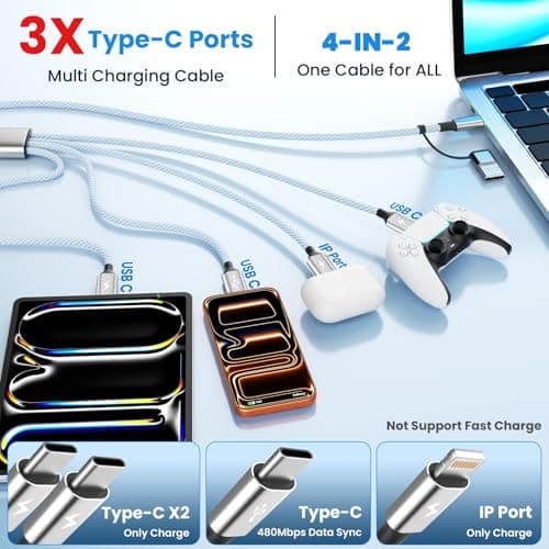 Jogrytece Upgrade 4 in 2 Multi Charging Cable, USB C Cable with 3 X Type-C/IP, Travel Holiday Essentials Phone Charger Cord for iPhone 17/16/15/14, Galaxy, Android (2Pack 5FT) - Thumbnail 2