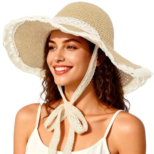 Beach Hats for Women, Straw Sun Hats UPF 50+ UV Protection Wide Brim Floppy Foldable Packable Summer Travel Hat (Beige) - Image 1