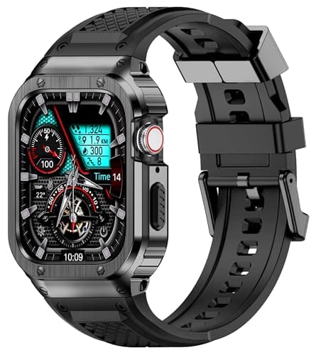 Deczone Band with Stainless Steel Case Compatible with Apple Watch Series 9 8 7 45mm Band, iwatch Bands Rugged Metal Protective Cover for Men (Grey)