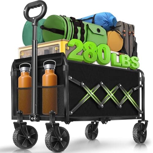 Collapsible Wagon Cart with All-Terrain Wheels - Folding Utility 280LBS Heavy Duty Wagons Carts for Grocery Sports Garden Shopping Camping Fishing (Black, 120L)