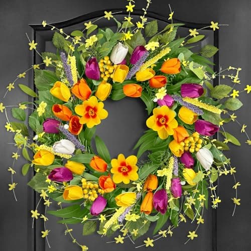 ICX 24" Spring Wreaths for Front Door, Tulip Spring Wreath, Large Outdoor Wreath Spring, Spring Floral Wreath Perfect for Window, Wall, Porch, Wedding and Farmhouse Home Decor Gift