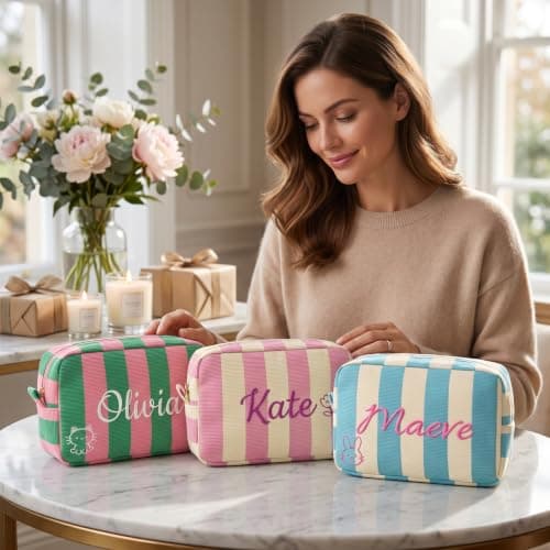 VKPOYNRO Custom Name Makeup Bag, Striped Padded Cosmetic Organizer, Dual-use Travel Toiletry Bag, Large Capacity Zipper Storage Pouch, Elegant Gift for Women - Thumbnail 6
