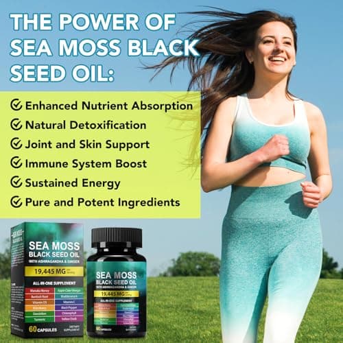 Sea Moss Black Seed Oil Ashwagandha Turmeric Bladderwrack Burdock Root Capsule with Chlorophyll,Elderberry,Manuka,Dandelion,Ginger,Vitamin C Vitamin D3,Immunity & Energy Support, 60 Counts - Thumbnail 5