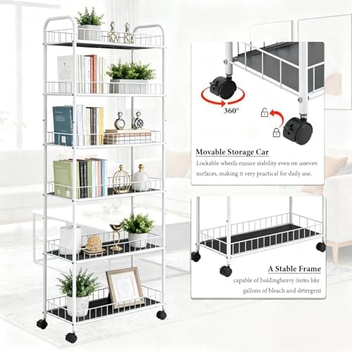 Seadasyoon 10in 6 Tier Slim Storage Cart with Wheels, Narrow Space Rolling Shelving Unit, Metal Wire Mobile Organizer Rack for Kitchen Bathroom Office Laundry - Thumbnail 6