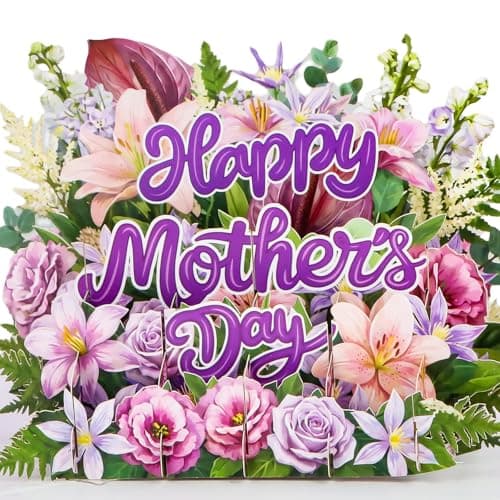 FaCraft Pop Up Mothers Day Cards - 3D Purple Lily & Rose Bouquet Card for Mom - Large 8x6 Happy Mother’s Day Card with Writing Note, Seal & White Pearlescent Envelope