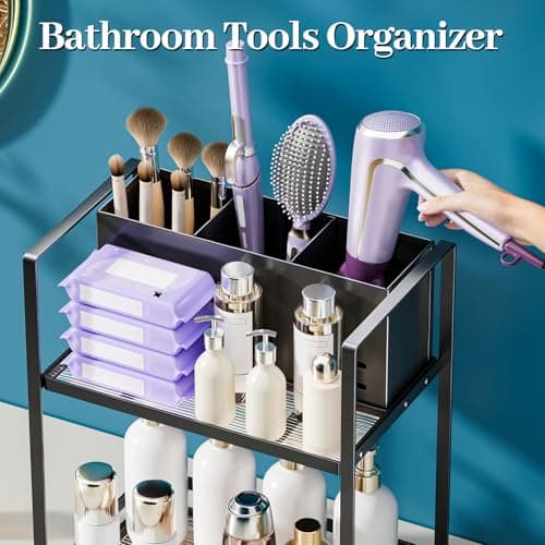 SanDream Hair Tool Organizer Bathroom Countertop, 2-Tier Metal Bathroom Organizer with Blow Dryer Holder, Large Capacity Space-Saving Vanity Shelf for Perfume, Skincare & Makeup Storage (Black) - Thumbnail 4