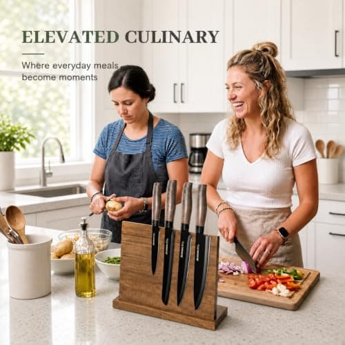 Astercook 13-Piece Kitchen Knife Set with Black Anti-Rust Coating, Dishwasher Safe, Stainless Steel Chef Knives Set with 6 Blade Guards, Wood Grain Handle, Perfect Holiday & Housewarming Gifts - Thumbnail 2