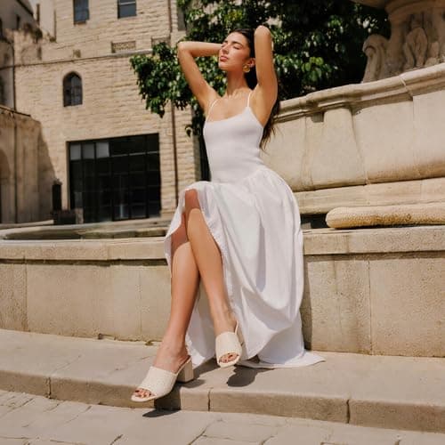 Ancomafio Women's Heeled Sandals Raffia Sandals Square Open Toe Heels Backless Mules Slip On Block Heels Beige Size 8.5 - Thumbnail 4