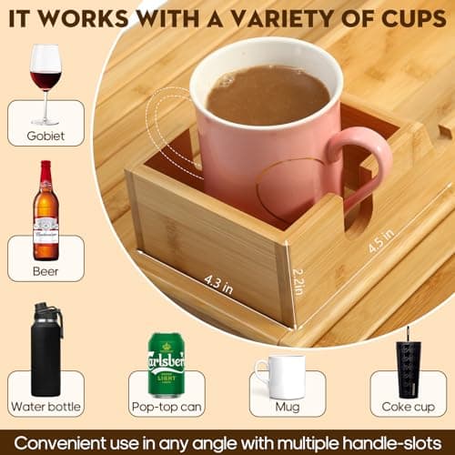Bamboo Couch Arm Tray with Detachable Cup Holder, 2 in 1 Foldable Anti-Falling Design for Cups, Snacks, Remote, Cellphone - Thumbnail 5