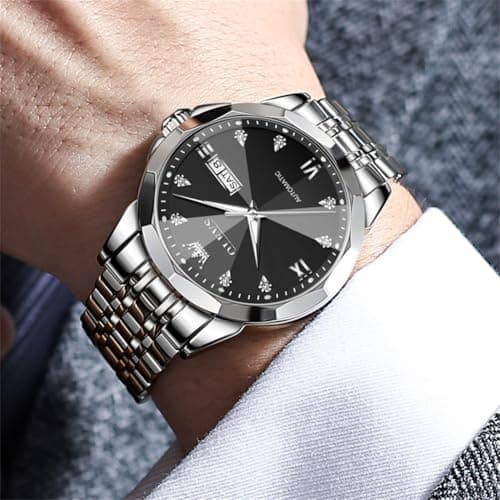 OLEVS Watch Men Black Silver Automatic Stainless Steel Classic Luxury Dress Men Watch Self Winding Date Large Face Waterproof Mens Watches - Thumbnail 3