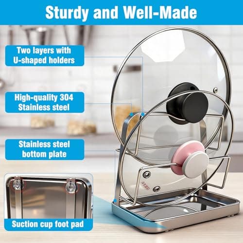 YJREW 304 Stainless Steel Pot Lid Organizer & Spoon Rest, Pot Lid Holder Storage Rack for Kitchen Countertop, Multifunctional Stove Top Pot Cover Stand While Cooking - Thumbnail 2