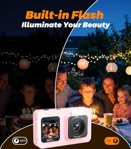 Digital Camera 5K 80MP Point and Shoot Digital Camera for Photography 18X Zoom Anti Shake, Compact Small Vlogging Cameras Dual Screen for Kids Teens Adult Beginner Gifts - Pink - Thumbnail 6