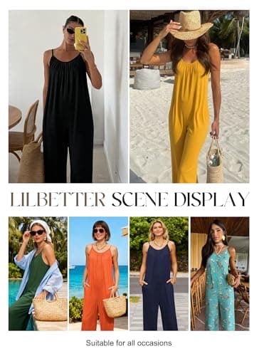 LILBETTER Loose Jumpsuits for Women Casual Summer Sleeveless Rompers Wide Leg Boho One Piece Outfits with Pockets Adjustable Strap(Wine Red Medium) - Thumbnail 2