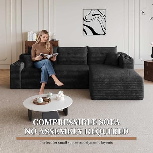 96" Cloud Small Sofa L-Shaped Modular Sectional with Chaise for Apartment & Living Room, Corduroy Deep Seat Boneless Couch, No Assembly Required, (Black, Right Facing Chaise) - Thumbnail 3