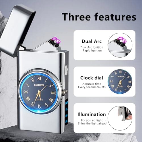 TIKIUKI Rechargeable Windproof Arc Lighter with Dual Flame, LED Light, Cool Dial Display, USB Charging – Perfect for Camping, Hiking, BBQ, and Everyday Use(Silvery) - Thumbnail 5