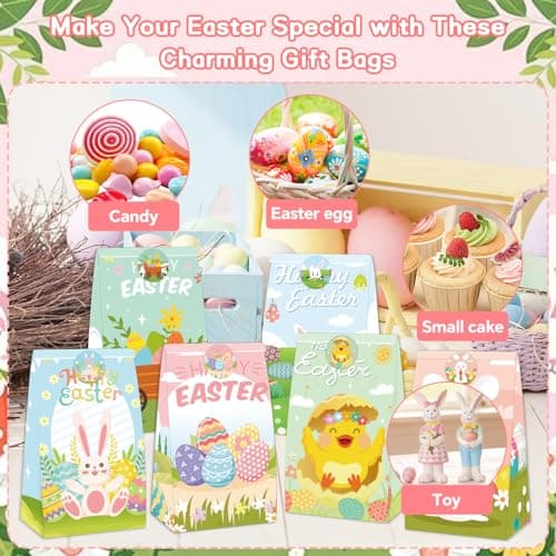 MKLTUHGDG Easter Treat Bag, 24 PCS Easter Gift Bags with Stickers, Party Favor Bags Bulk Egg Chick Bunny Carrot, Goodie Bag Party Supplies for Classrooms, Party Favors - Thumbnail 5