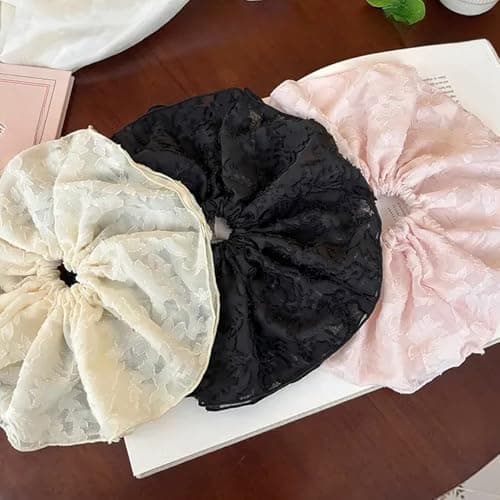 Jseng 3PCS Extra Large Scrunchies for Hair, Korea lace Hair Ties, Beige, Pink, Black - Thumbnail 6