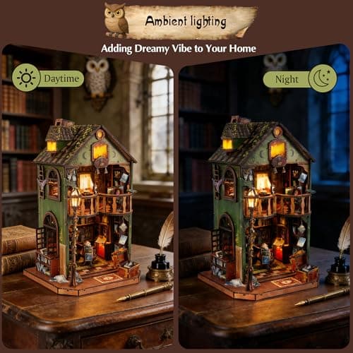 Soothee DIY Book Nook Kit | Miniature House Kit with LED Lights | 3D Wooden Puzzles for Adults & Teens | Creative Model Building Kit | Unique Bookshelf Decor & Gift for Craft Lovers | Owl Library - Thumbnail 5