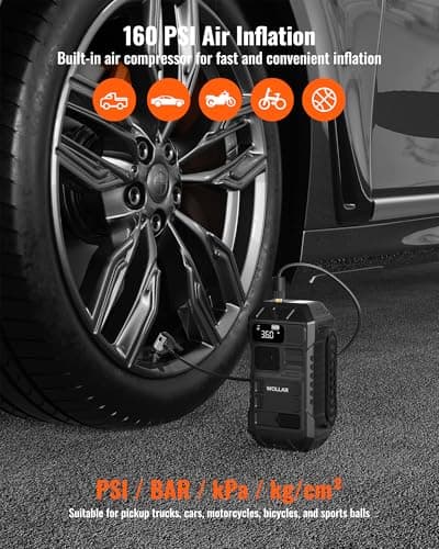 WOLLAR 3000A Jump Starter with Air Compressor - 160PSI Car Battery Jumper Starter Portable for up to 8L Gas & 7L Diesel, 12V Jump Box, 20000mAh Powerbank, Dual Flashlight, LED Display, Black - Thumbnail 3