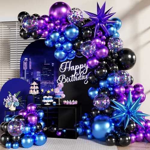 Black Purple Blue Balloon Garland Arch Kit, 140Pcs Metallic Blue Purple Teal Balloons Confetti Balloons with Stars for Fun Play Party Decorations Baby Shower Engagement Birthday Party Decorations - Image 1