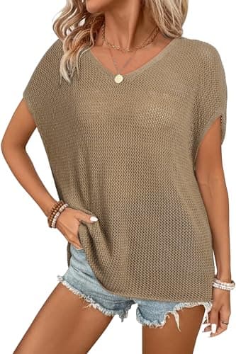 Arach&Cloz 2025 Women Summer Sweaters Vest Crochet Tops Plus Size Trendy Oversized Boho Short Sleeve Fashion Vacation Outfits Clothes Country Concert Outfits Resort Wear Camel - Image 1