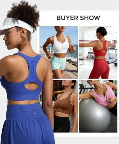 BRXL Front Zip Sprorts Bra Seamless Sewn in Pads Racerback Wide Straps Medium Impact for Running Yoga Gym Black M - Thumbnail 6