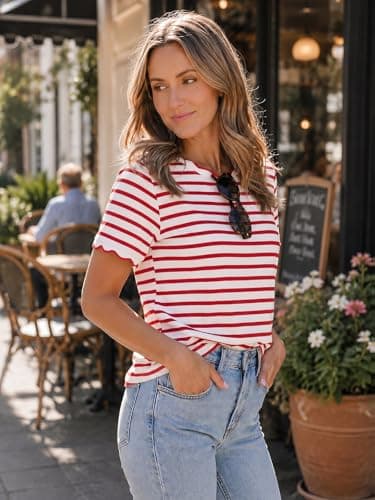 Womens Striped Shirt Summer Color Block Scalloped Short Sleeve Tee Shirts Casual Loose Fit Crewneck Tops Red XS - Thumbnail 3