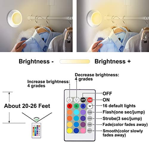 HONWELL Push Lights, LED Puck Lights with Remote, Battery Operated Under Cabinet Lighting,Cordless RGB Color Changing Touch Fairy Light with Dimmer, Stick on Light for Closet Classroom Shelf - Thumbnail 4