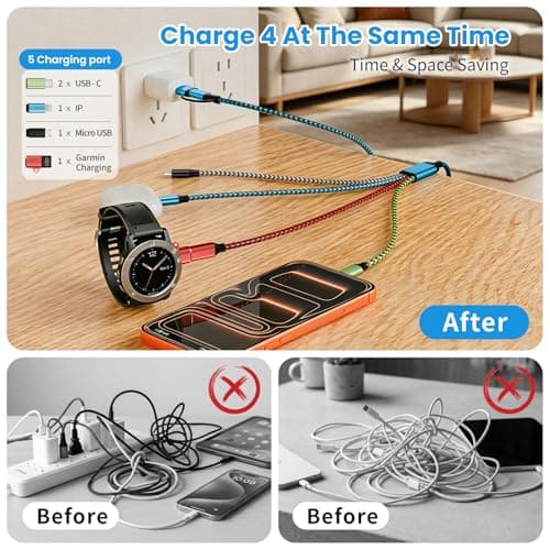 Jogrytece 4 in 2 Multi Charging Cable for Garmin Watch Charger,USB A/C Universal Charging Cords for Garmin Watch/iPhone17-5/Galaxy/Tablets/PS,Home,Office,Cruise Vacation Camping Essentials - Thumbnail 2