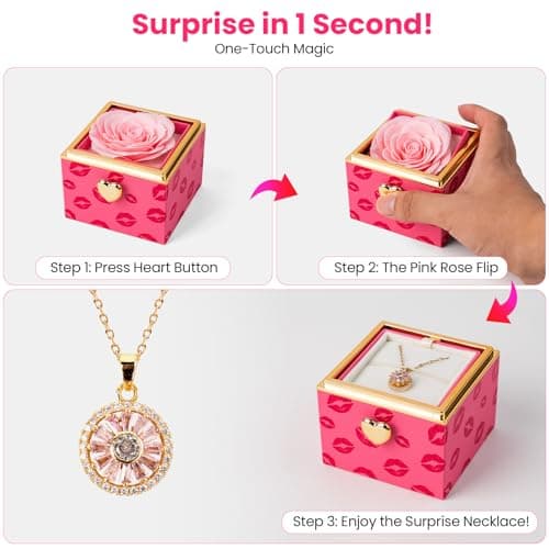 mountova Gift for Her Birthday Mother's Day, Funny Flip Rose Box with Necklace Jewelry, Anniversary Wedding Gift for Girlfriend Wife, Lips Print Flower Gift Box for Mom Daughter - Thumbnail 2