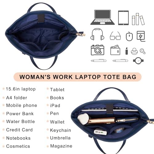 YZAOLL 15.6 Inch Laptop Tote Bag for Women,Water-resistant Vegan Leather with Anti-Scratch Padded Sleeve,Lightweight Multi-Pocket Work Bag for Business Travel,College,Office Essentials,SeaBlue - Thumbnail 5