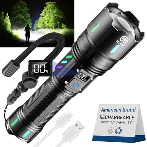 Jayxinli Rechargeable Flashlights High Lumens, High Powered 20000 Lumen Flashlight with 5000mAh Battery, LCD Display, 5 Modes, Zoomable, IP67 Waterproof, LED Flash Light for Camping, Dog Walking