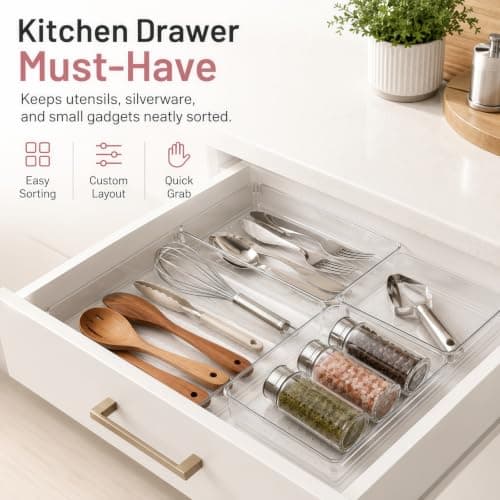 8 Pack Large Clear Plastic Drawer Organizer Bins - Acrylic Bathroom Drawer Organizer Trays - Heavy Duty Kitchen Drawer Dividers for Utensils - Non-Slip Storage Bins for Makeup, Bedroom, Office Desk - Thumbnail 5