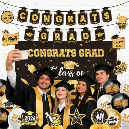 Graduation Decorations 2026 Gold Themed Set Class of 2026 Congrats Grad Banner Balloons Honeycomb & Streamers Kit Graduation Party Decorations for School and College Celebrations - Thumbnail 2